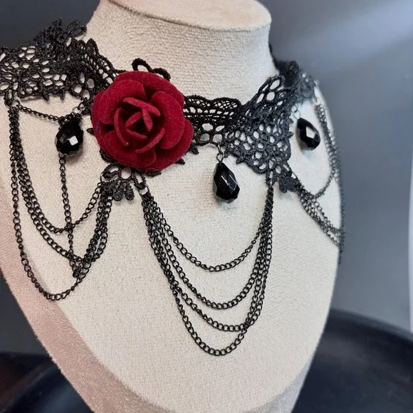 Black Lace Choker Necklace with Red Rose | Gothic Chain | Dark Romance Victorian - Picture 7 of 7